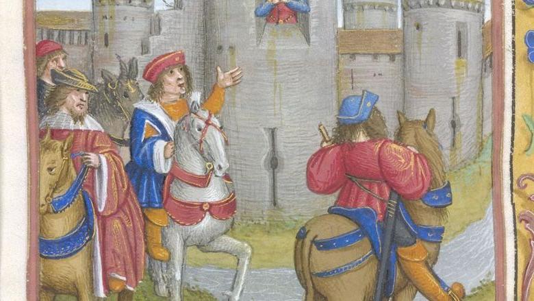 这幅插图描绘了四个骑士骑在马上到达一座城堡, 一个女人出现在塔楼的窗户里, from Perceforest.